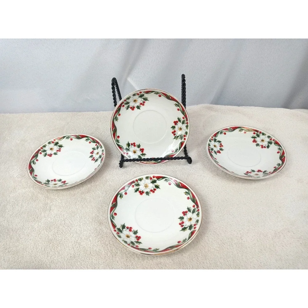 Set of 4 Gibson‎ Christmas Poinsettia & Holly Saucers 5.75